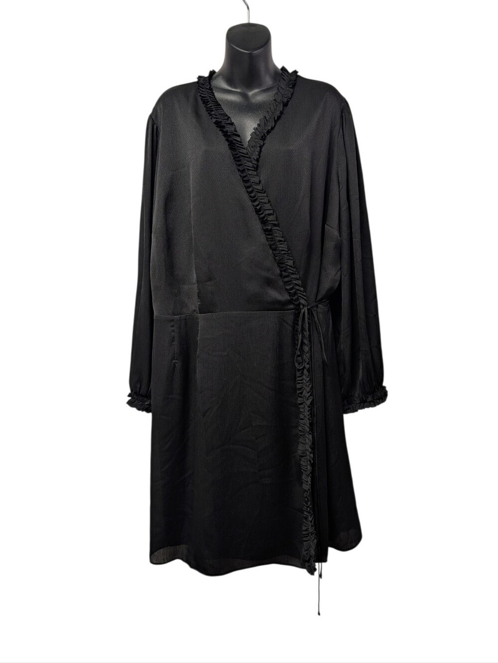Nurode Womens Black Satin Wrap Robe Ruffle Trim Tie Waist Long Sleeve Plus 2X